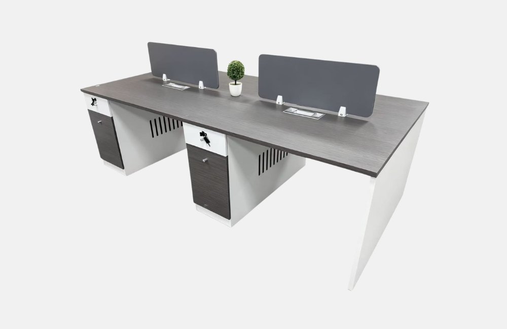 Four-Person Workstation with Cross Desk Screens and Pedestals