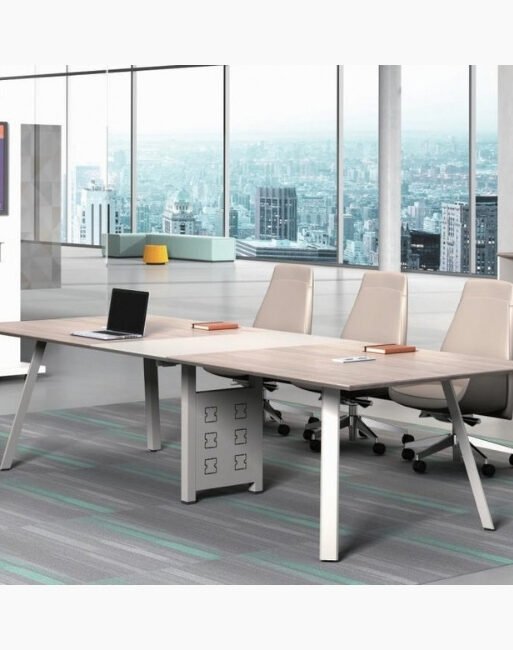 Modern Conference Table with Angled Metal Legs and Central Cable Access