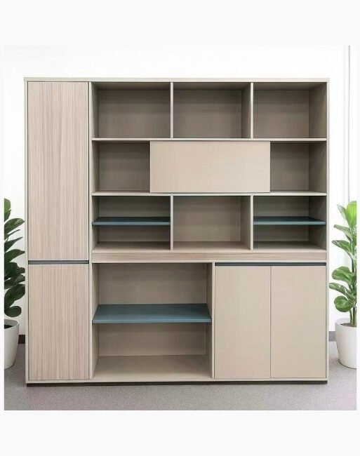 Large Office Storage Wall Cabinet with Open Shelves and Closed Storage