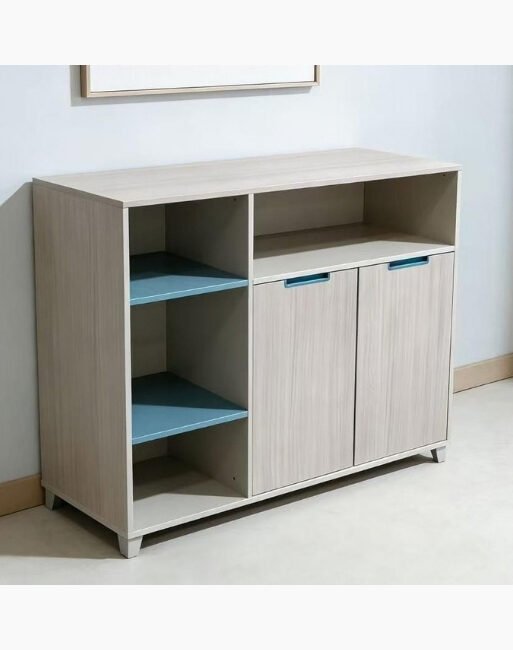 Mid-Height Office Storage Cabinet with Open Shelves and Doors