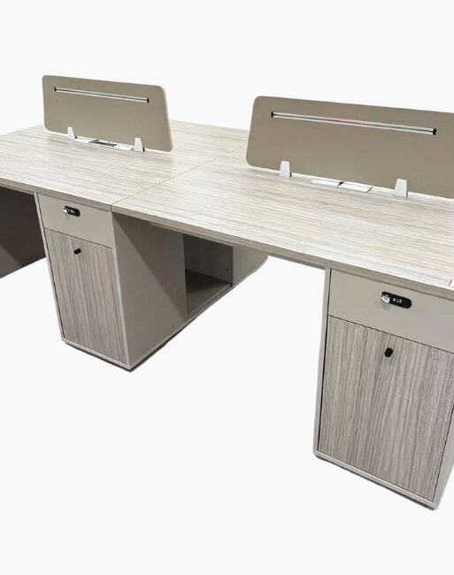 Four-Person Office Workstation with Privacy Screens and Pedestal Storage