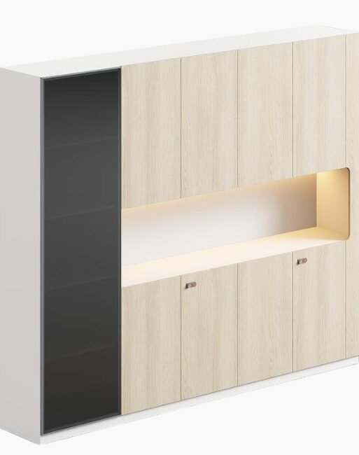 Executive Wall Storage Cabinet with Glass Display and LED Lighting