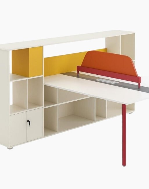 Four-Person Office Workstation with Overhead Storage and Privacy Screens