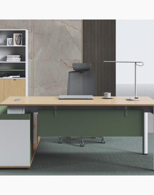 Modern L-Shaped Manager Desk with Metal Frame and Side Storage