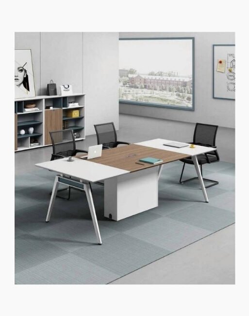 Modern Meeting Table with Light Wood Top and Metal Legs