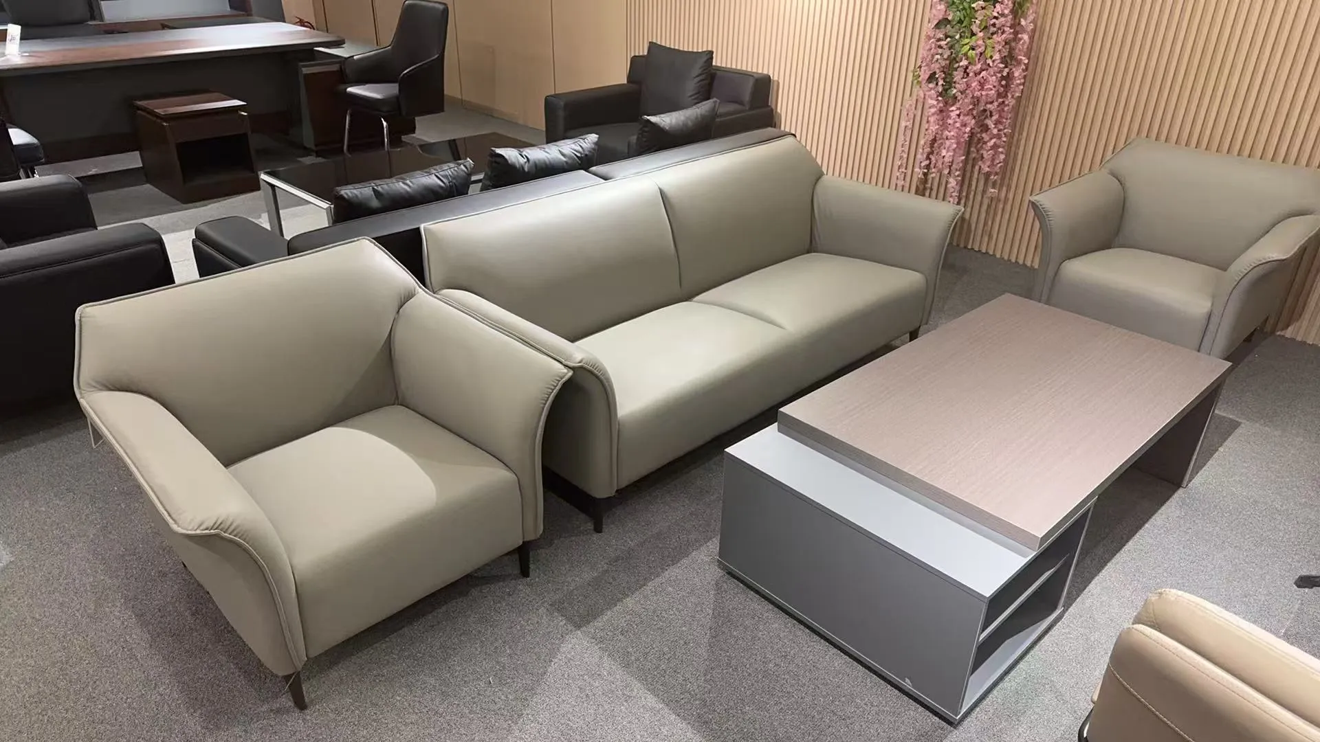 Modern Beige Office Sofa Set with Three-Seater and Two Armchairs