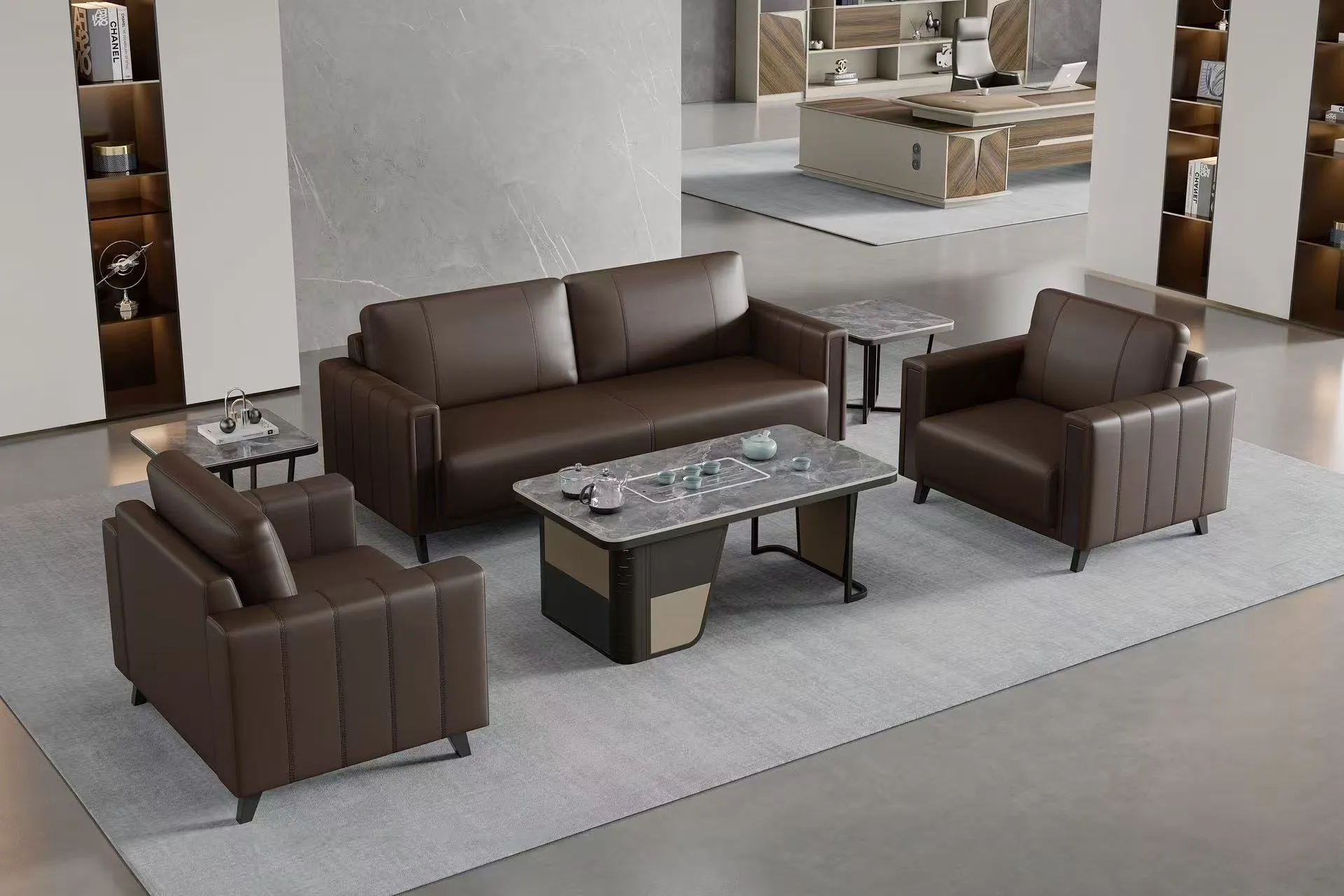 Brown Office Sofa Set with Two Armchairs | طقم كنب مكتبي بني