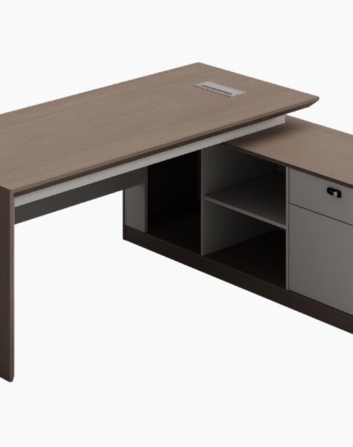 L-Shaped Executive Manager Desk with Integrated Shelves and Drawers
