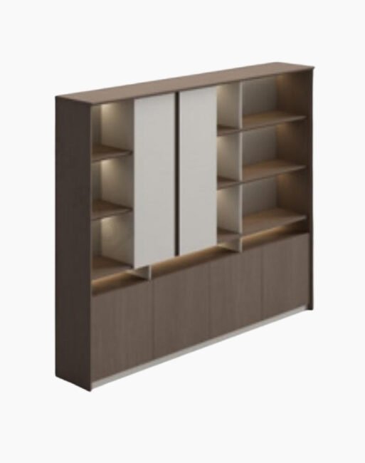 Executive Office Storage Cabinet with Open Display Shelves and LED Detail